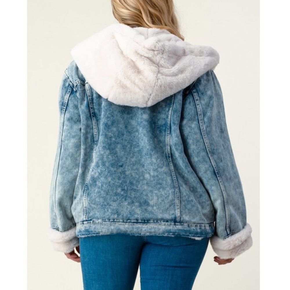 SOLD OUT Plus Denim Ivory Sherpa Faux Fur Hood Jean Jacket - Picture 4 of 5